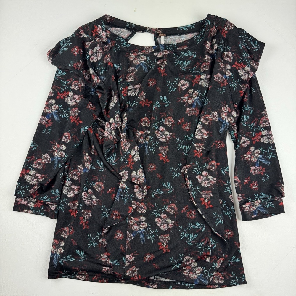 Free People Dock Street Top Medium Black Floral Ruffle 3/4 Sleeve Keyhole